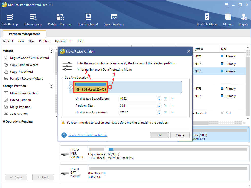 drag arrow to resize partition