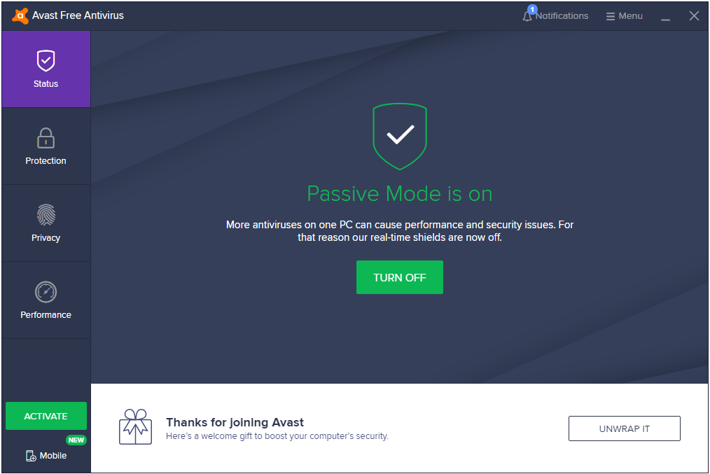 Avast user interface