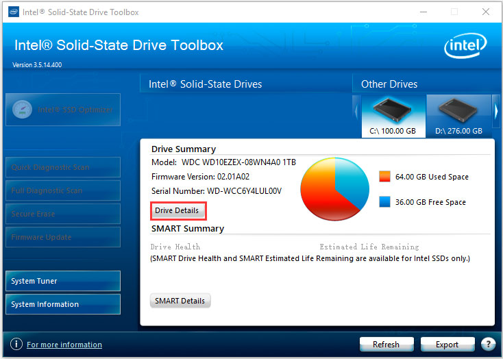 click on Drive Details in Intel SSD Toolbox