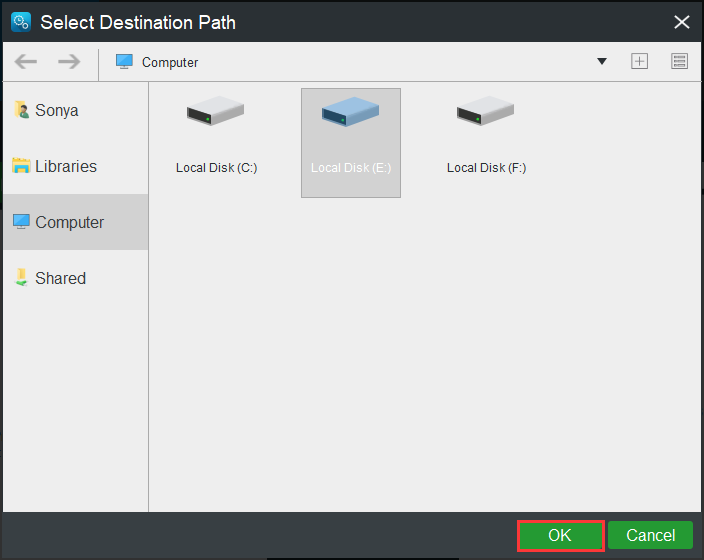 choose the destination to save the backup