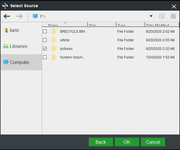 choose files to backup