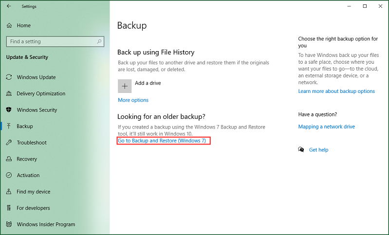 Select Go to Backup and Restore (Windows 7)