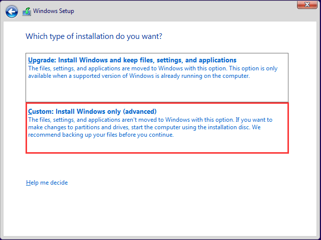 choose Custom install Windows only