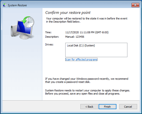 confirm your restore point