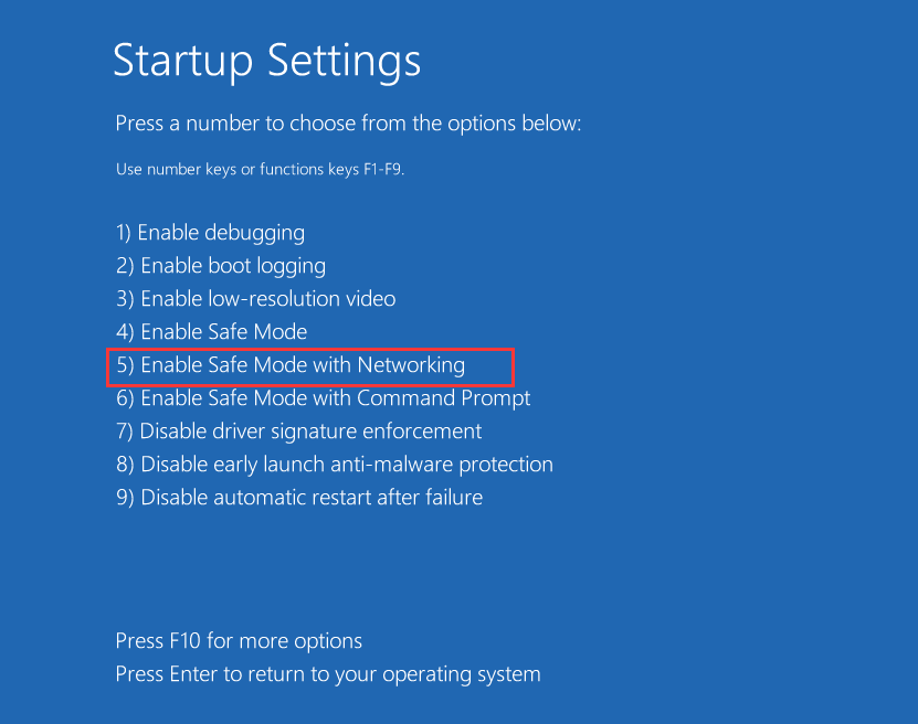 press F5 to enable Safe Mode with Networking