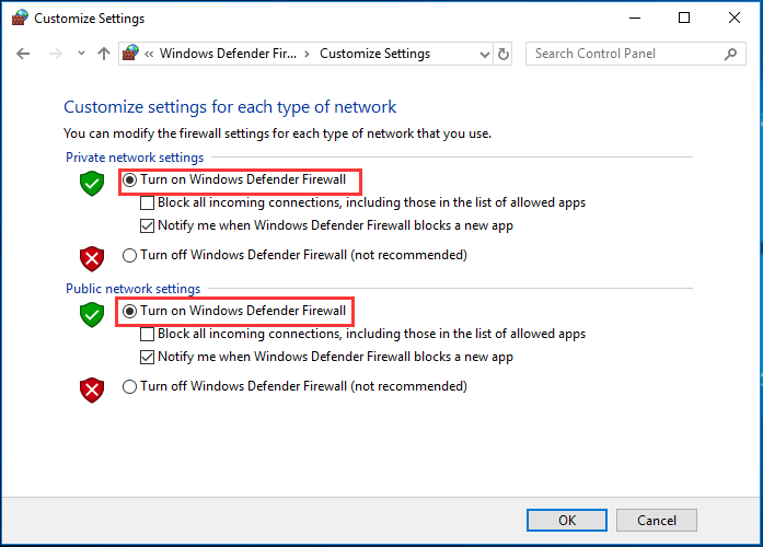 check turn on Windows Defender Firewall