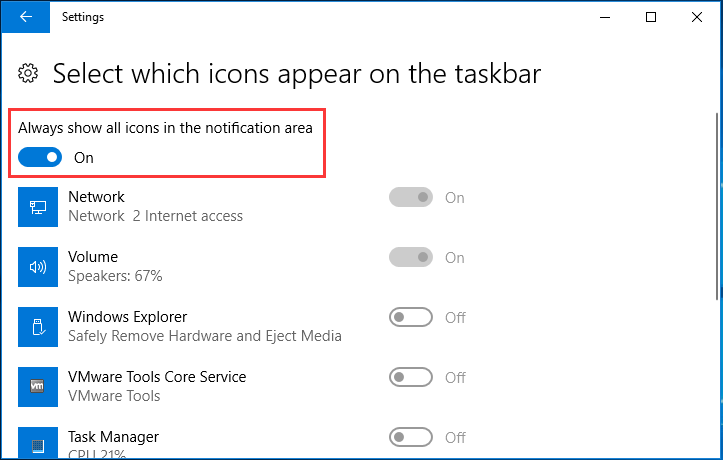 turn on always show all icons in the notification area