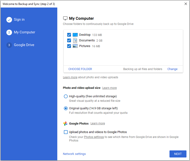 choose files to back up to Google Drive