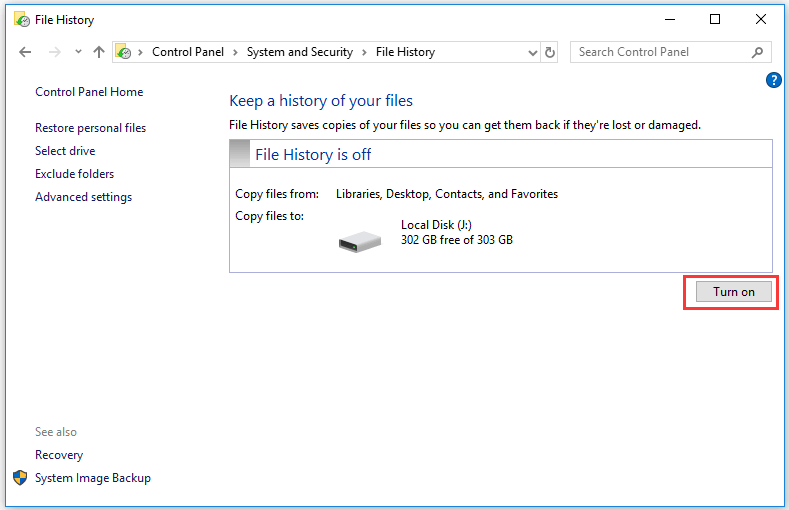 enable File History in Windows 10