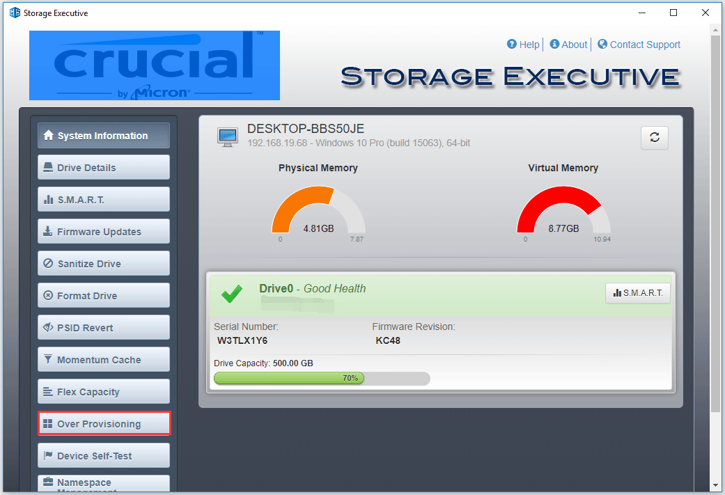 choose Over Provisioning on Crucial Storage Executive