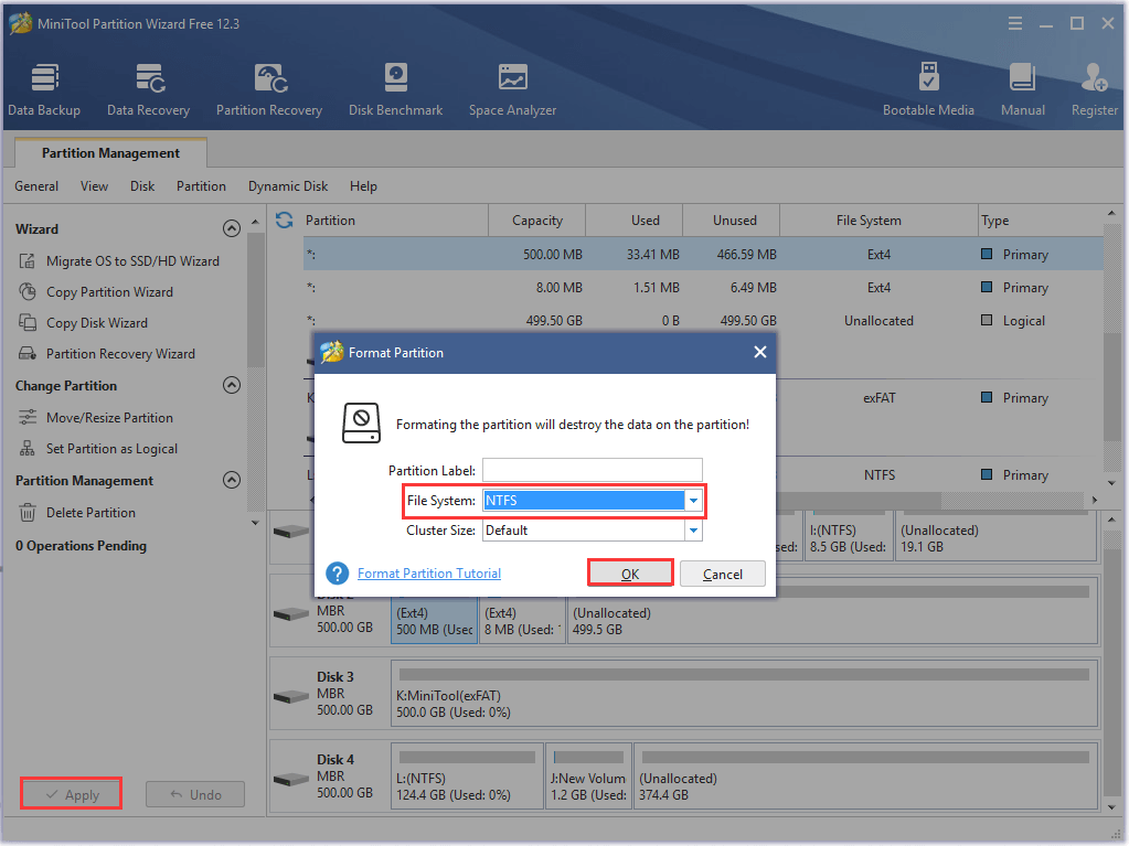 format Ext4 to NTFS using MiniTool software