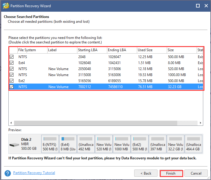 select all partitions in the list and click on Finish