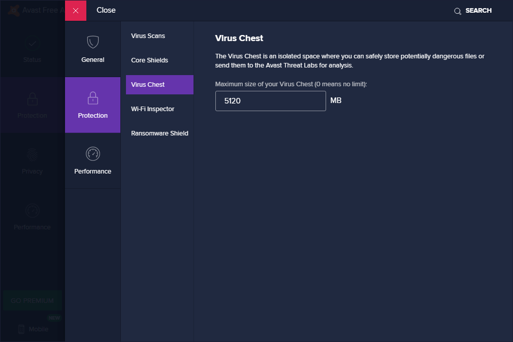 Avast Virus Chest Settings