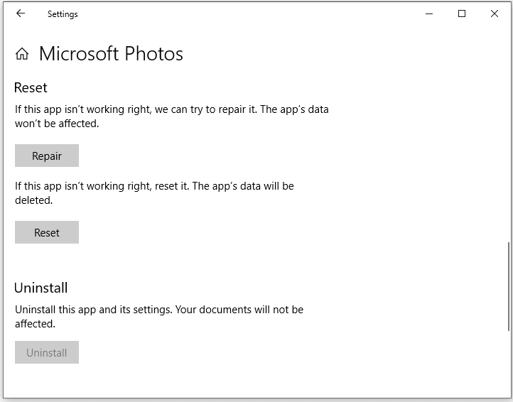 reset or repair Microsoft Photos app