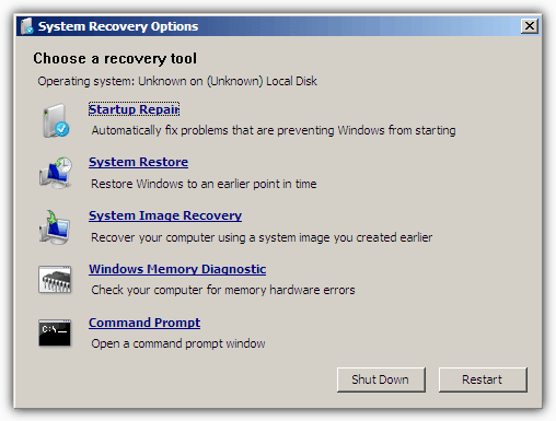 Windows 7 system recovery options