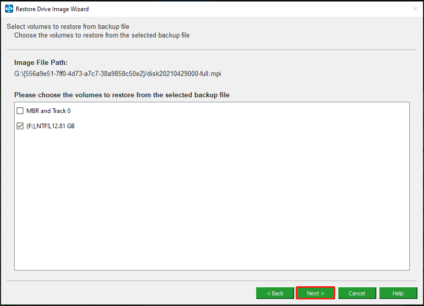 check the partition you want to restore