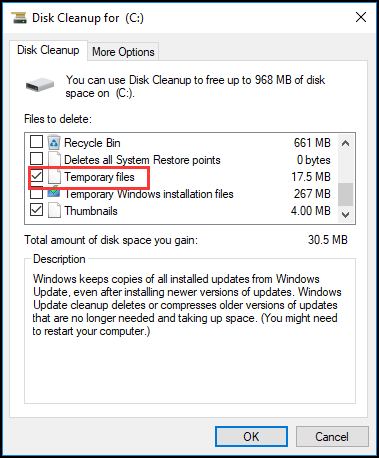 check the Temporary files box