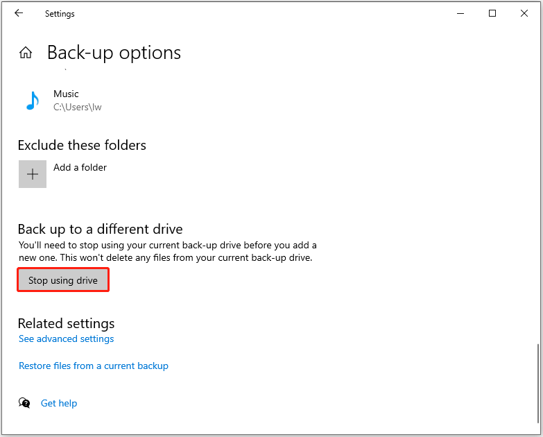 click Stop using drive