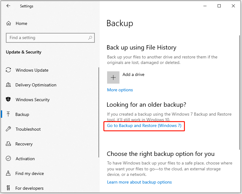click Go to Backup and Restore (Windows 7)