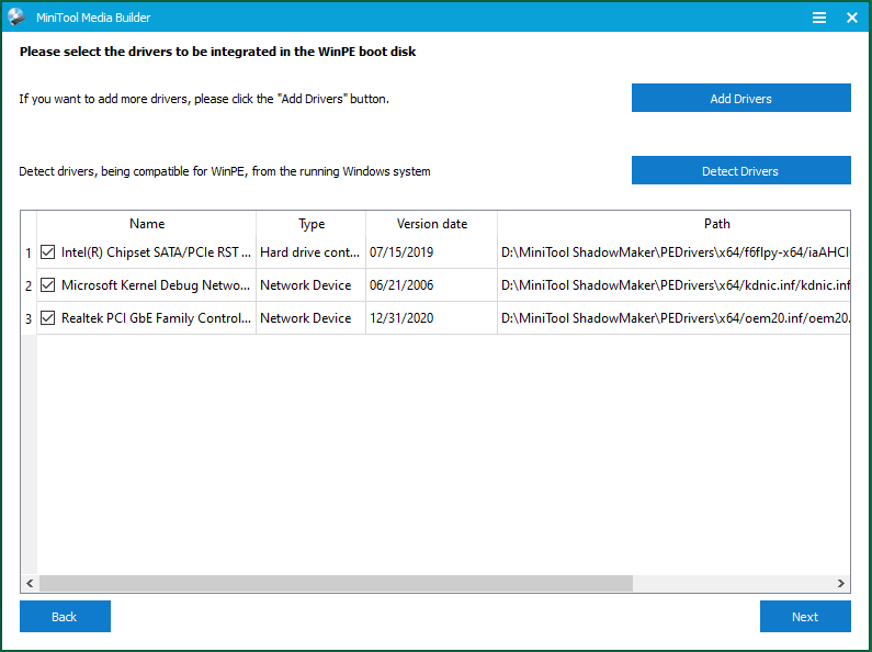select the drivers to be integrated into the WinPE boot disk
