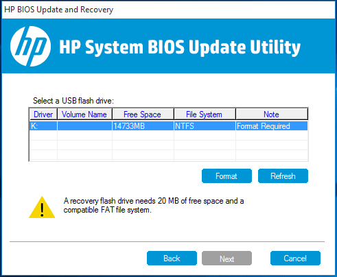 select a USB drive for HP BIOS update