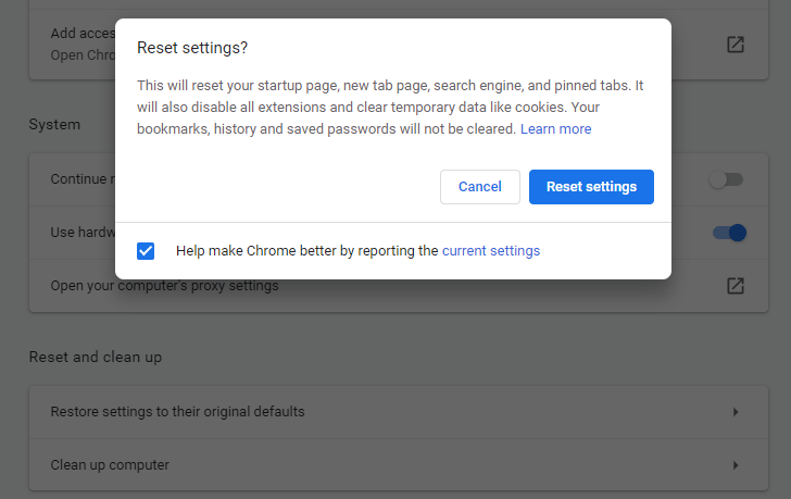 reset Google Chrome to default settings
