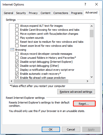 reset Internet Explorer settings