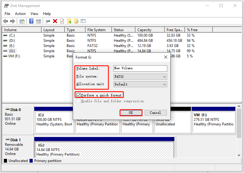 format the flash drive through disk management