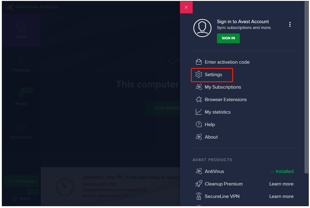 choose Settings from the menu