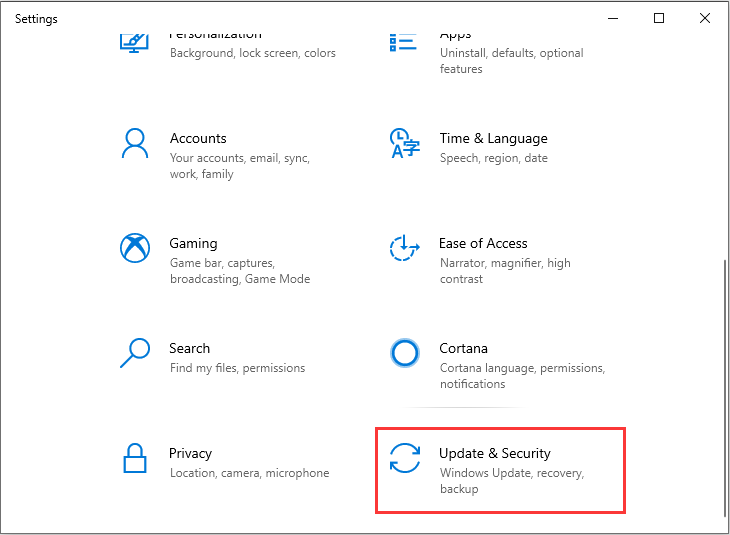 navigate to the Update & Security section