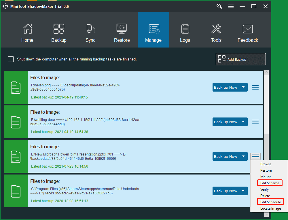 set up schedule after the initial backup