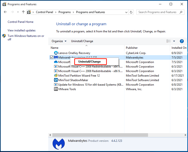 uninstall Malwarebytes via Control Panel