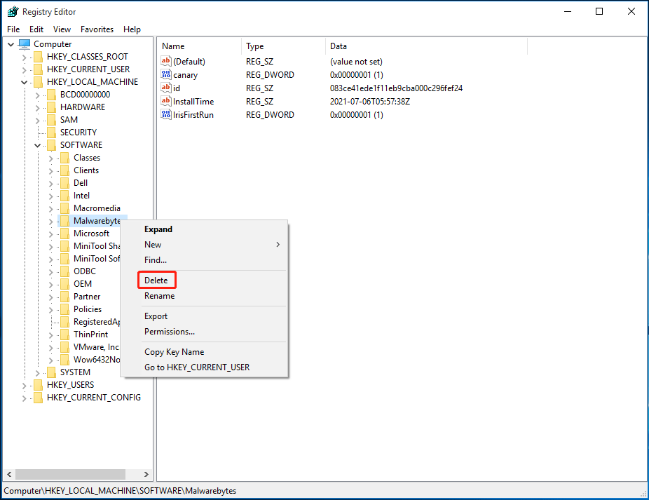 remove Malwarebytes from registry editor
