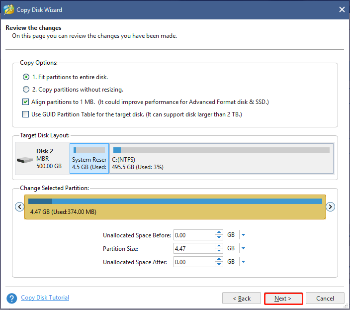 review the changes on MiniTool Partition Wizard