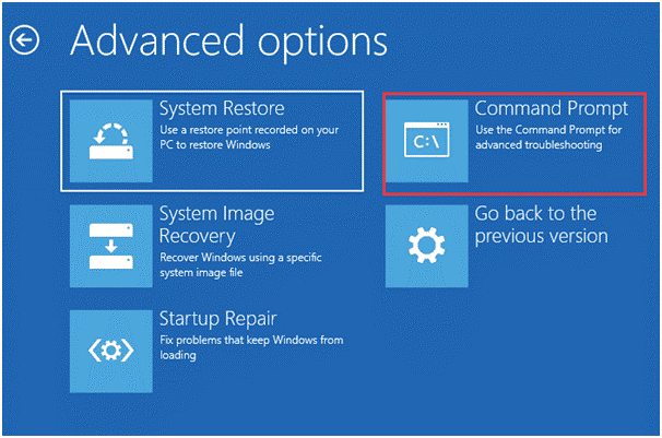 select Command Prompt in Advanced options