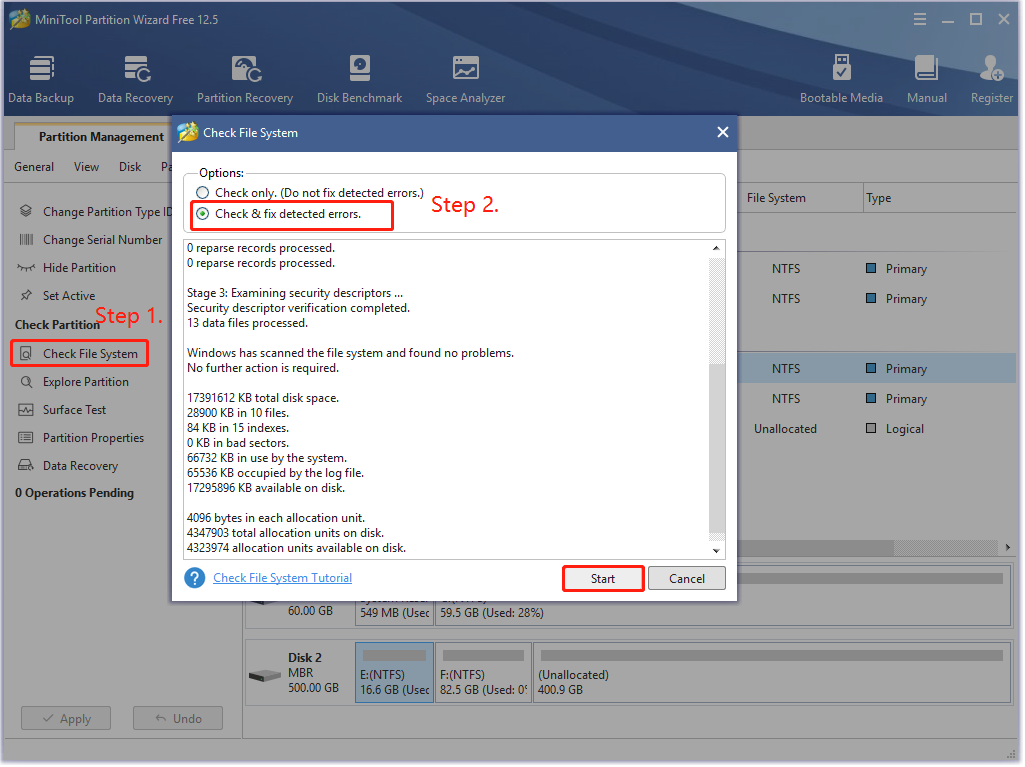 check and fix file system errors using MiniTool Partition Wizard