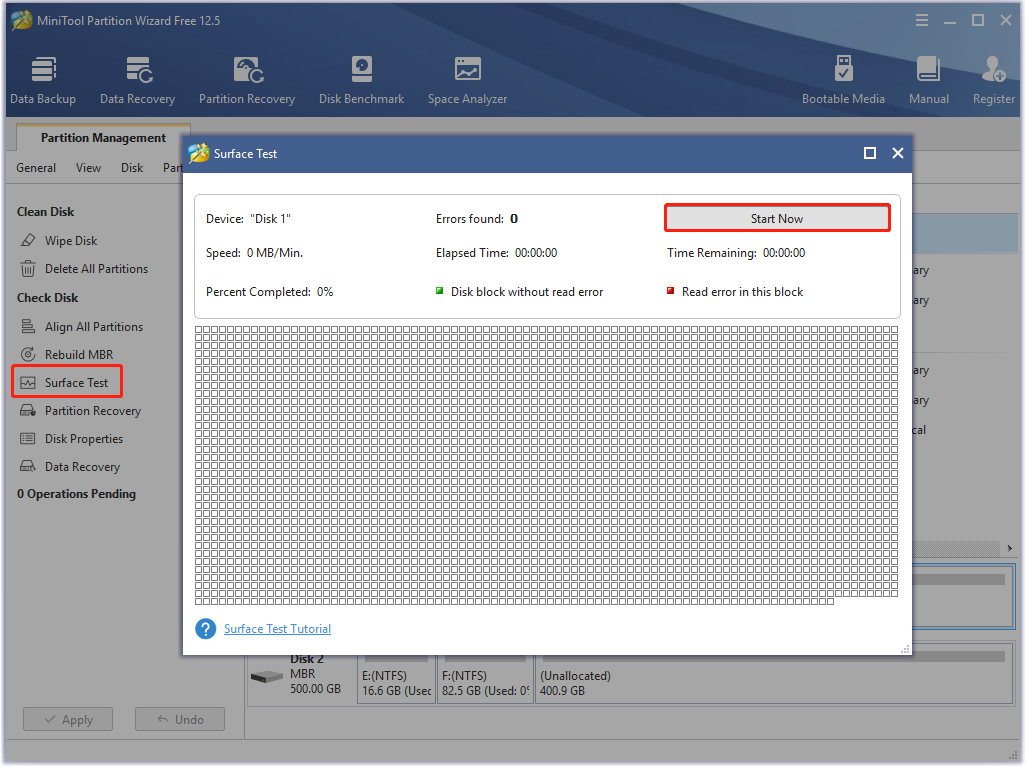 perform a surface test in MiniTool Partition Wizard