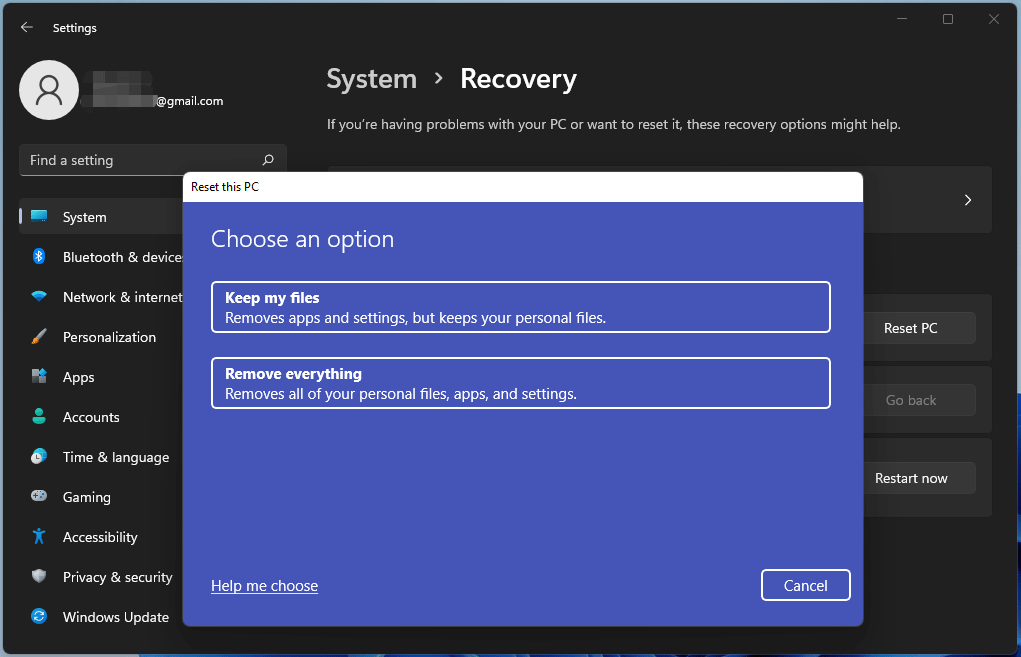 reset this PC options
