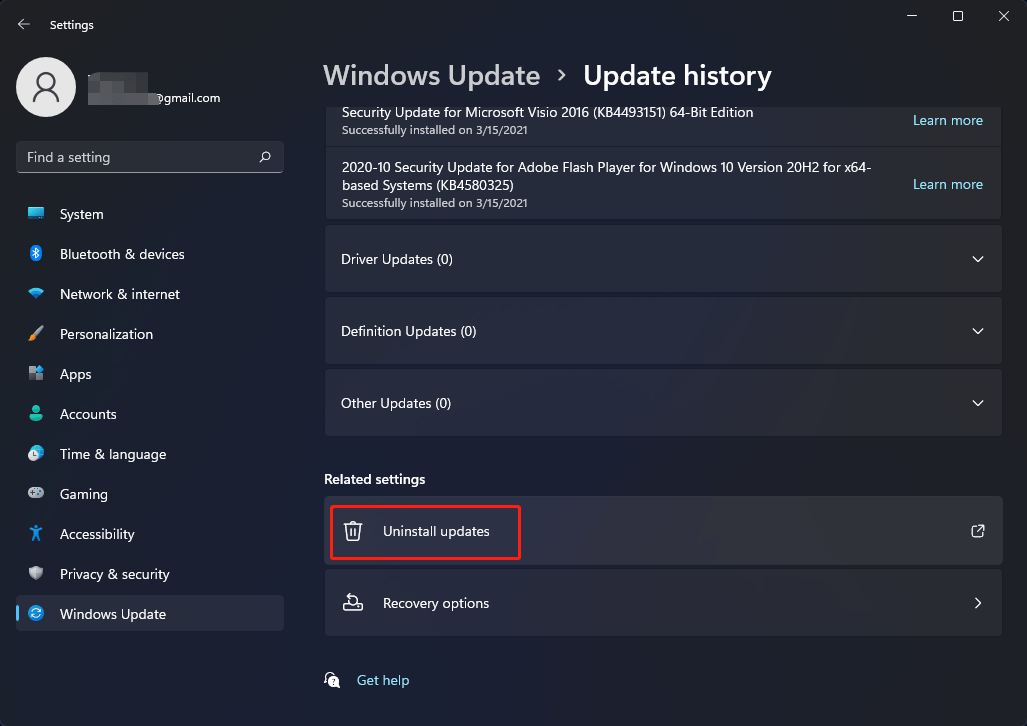 click Uninstall updates