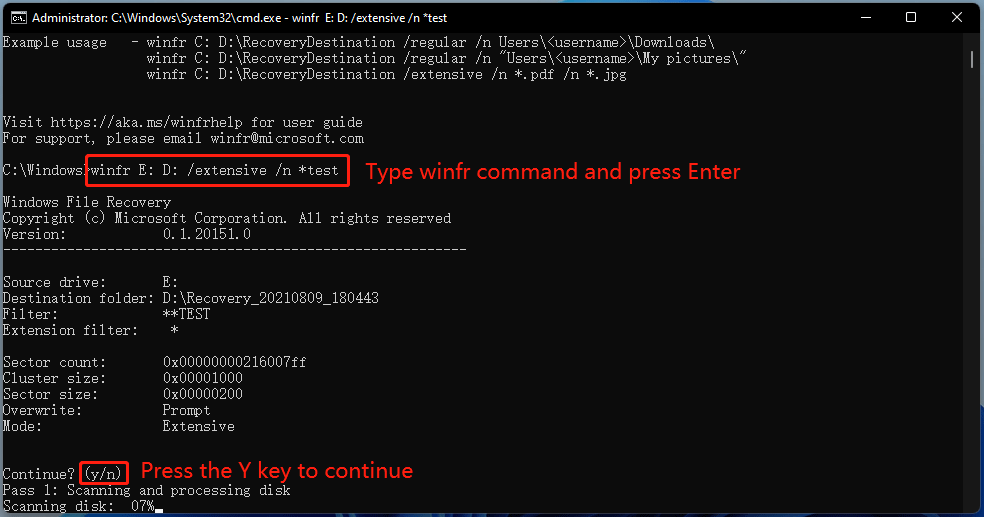 use the winfr command to recover your data