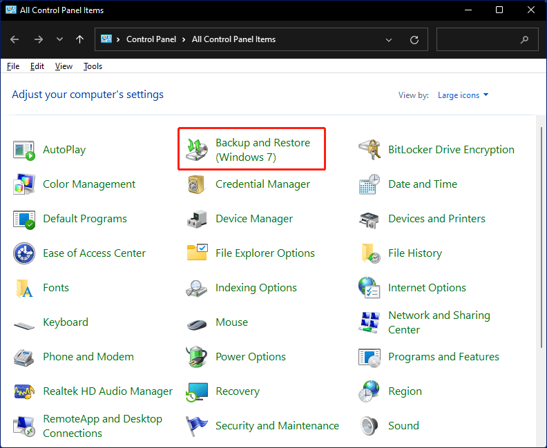 select Backup and Restore in Windows 11 Control Panel