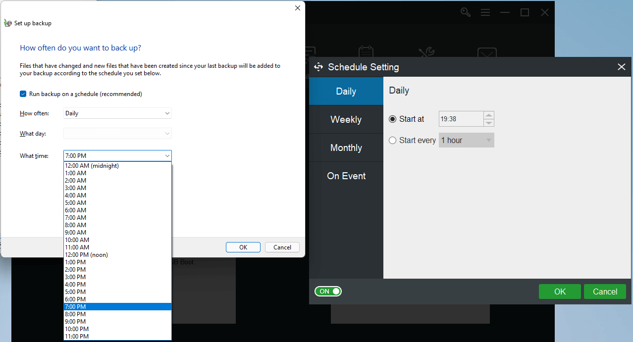 schedule backup time setup comparison