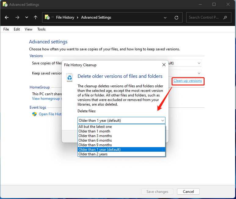 Windows 11 File History clean up backup versions