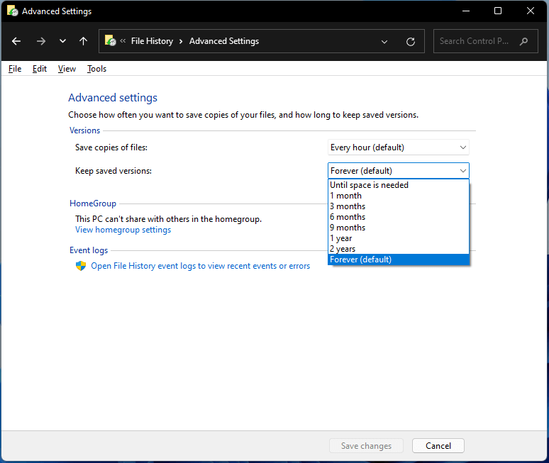 specify how long to maintain Windows 11 File History backups