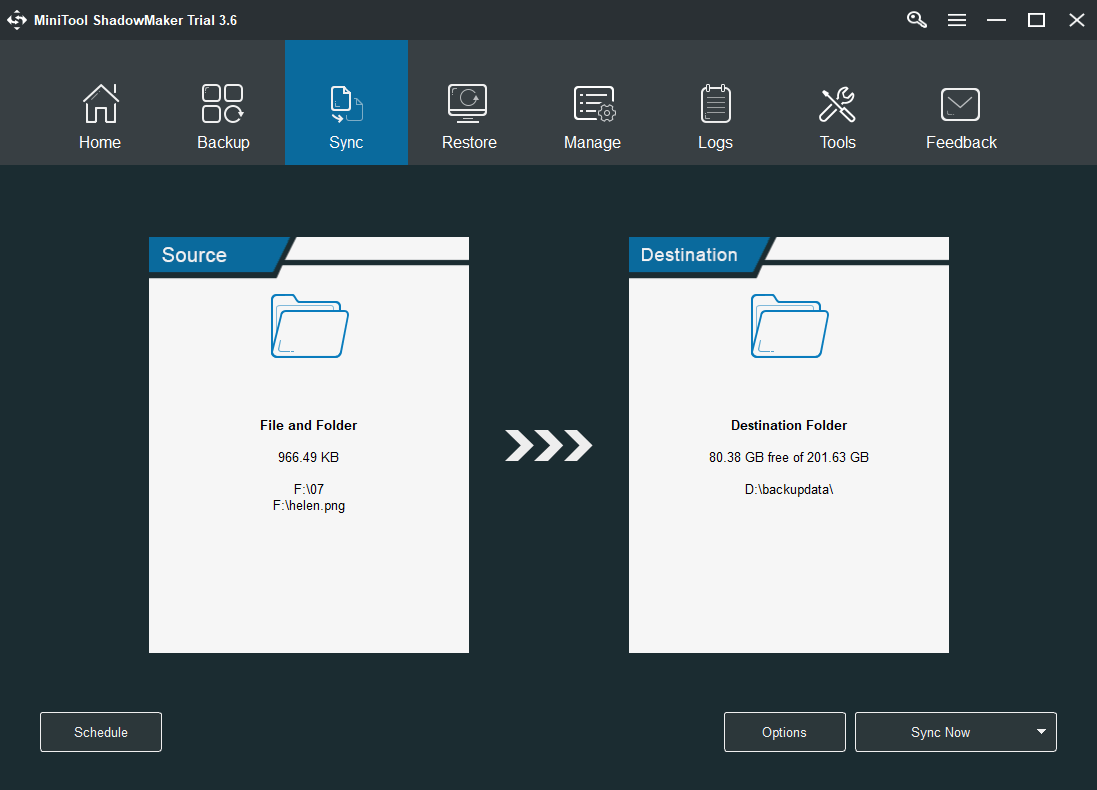 MiniTool ShadowMaker sync tab
