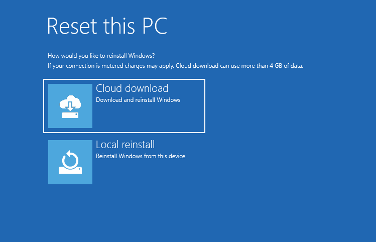 reset this PC via cloud download or local reinstall