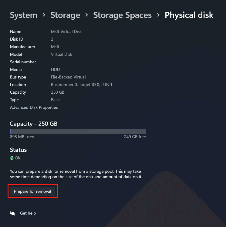 remove physical disk from a storage pool
