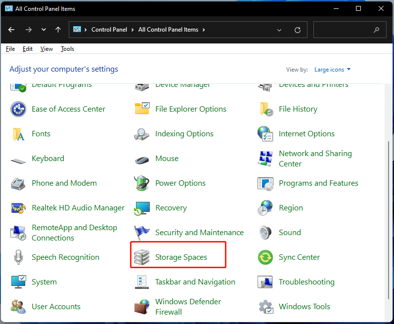 select Storage Spaces in Windows 11 Control Panel