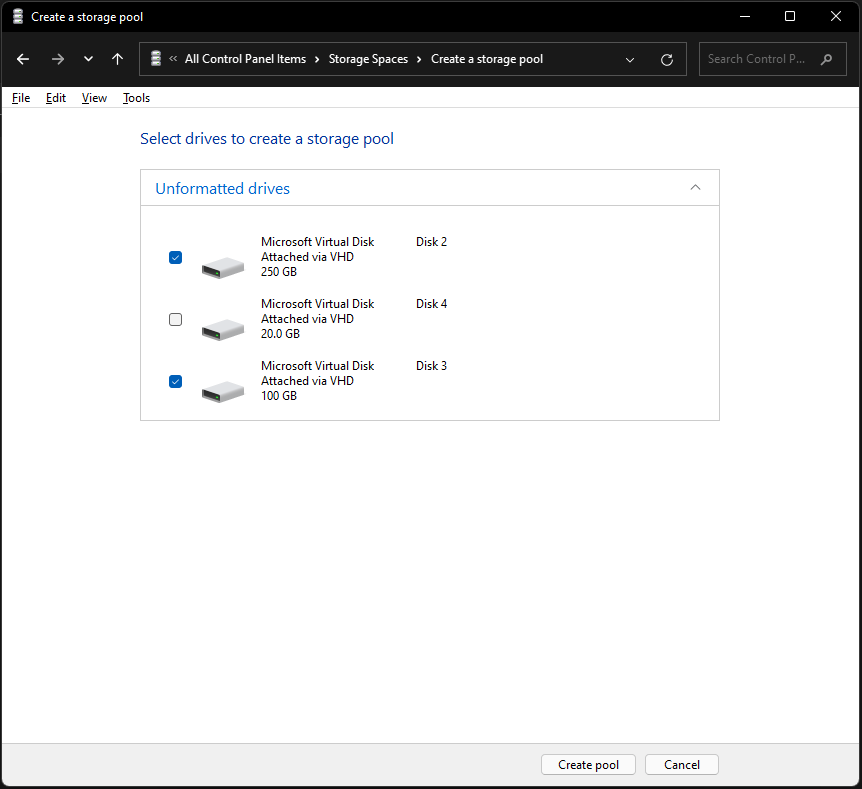 select drives to create a storage pool