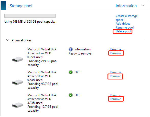delete storage pool or remove physical disks